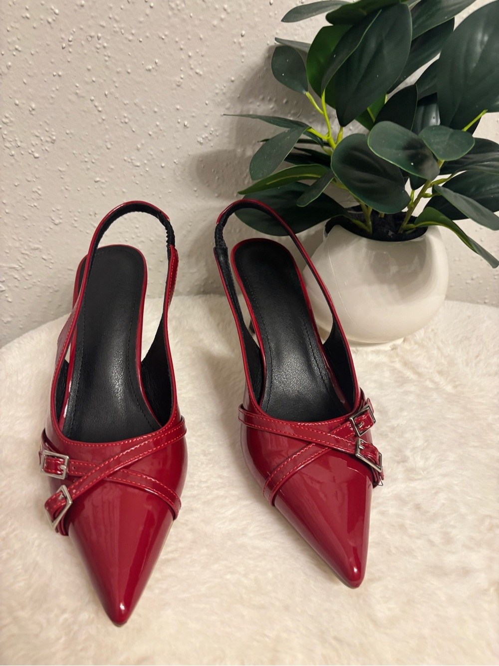 Red Patent Slingback Pointed-Toe Pumps
